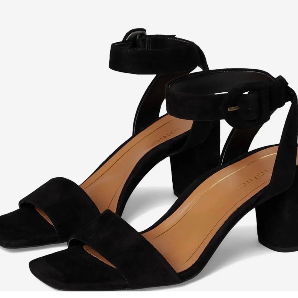 Vionic Zinfandel Black Waxed Suede Ankle-Strap Block Heel Sandals